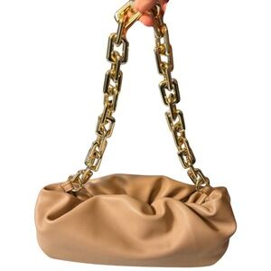 Chic Ruched Clutch‎ Handbag Gold Chain Strap Faux Leather Tan